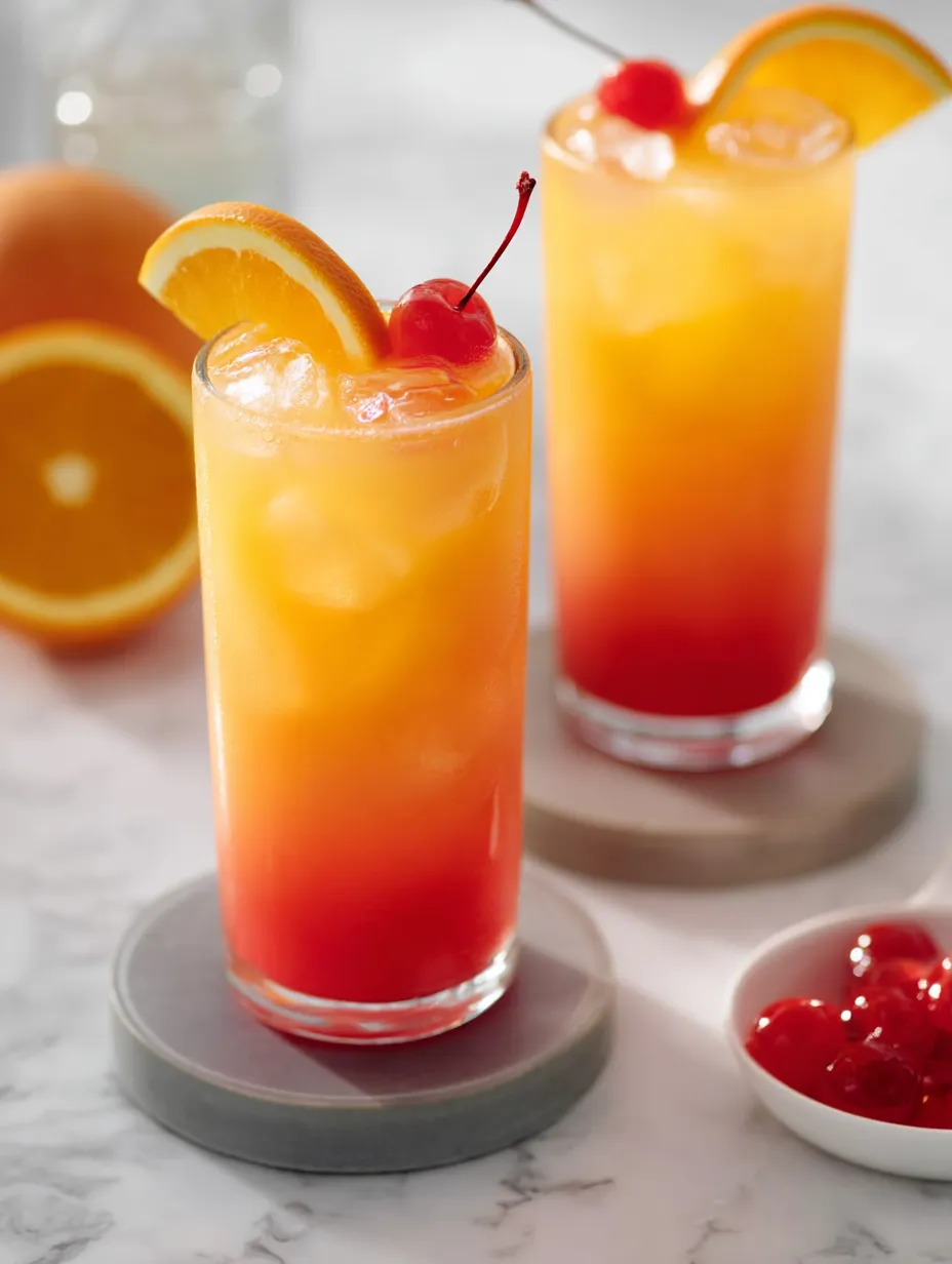 Two tall glasses brimming with orange drinks, each decorated with a cherry on top.