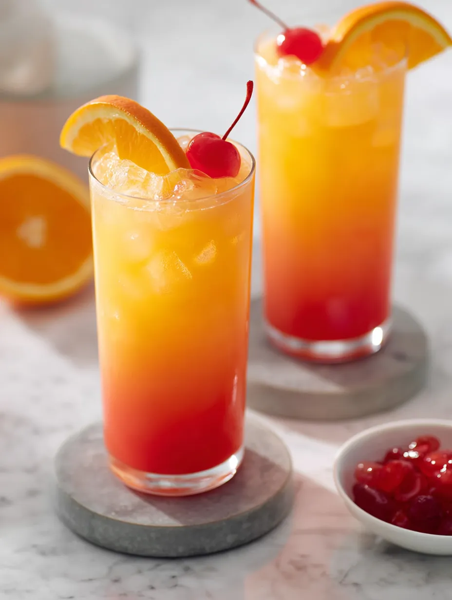 Two tall glasses filled with orange drink and cherries nearby.