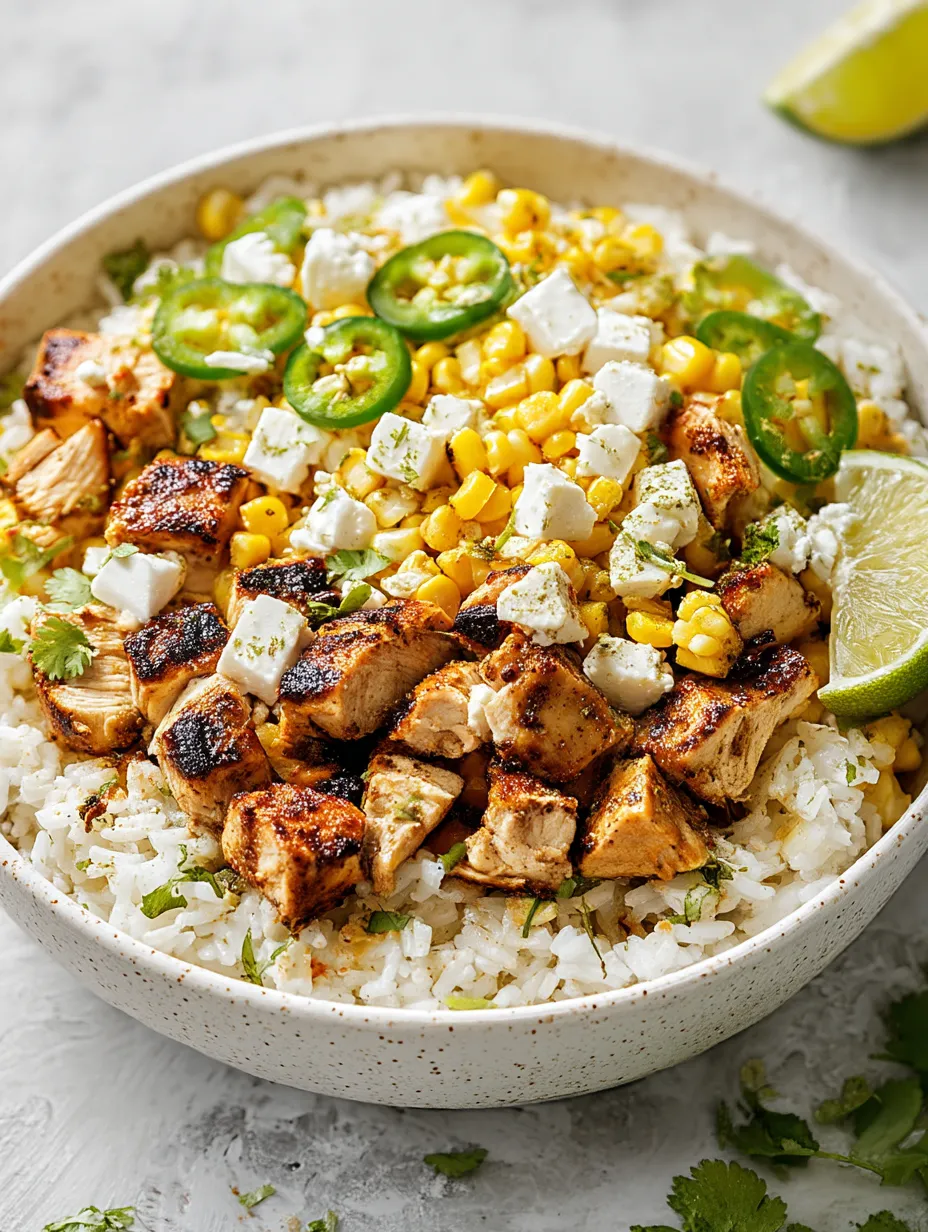 A bowl of rice with chicken and jalapenos.