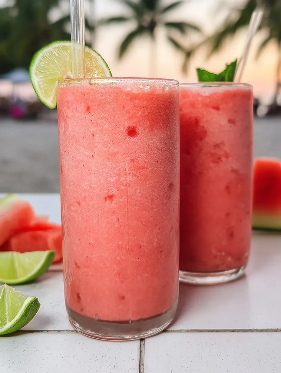 Two cups filled with pink smoothies and lime slices.