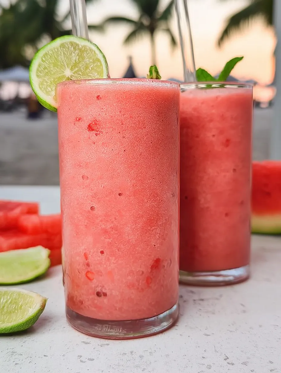 Pink smoothies in clear glasses with lime wedges.