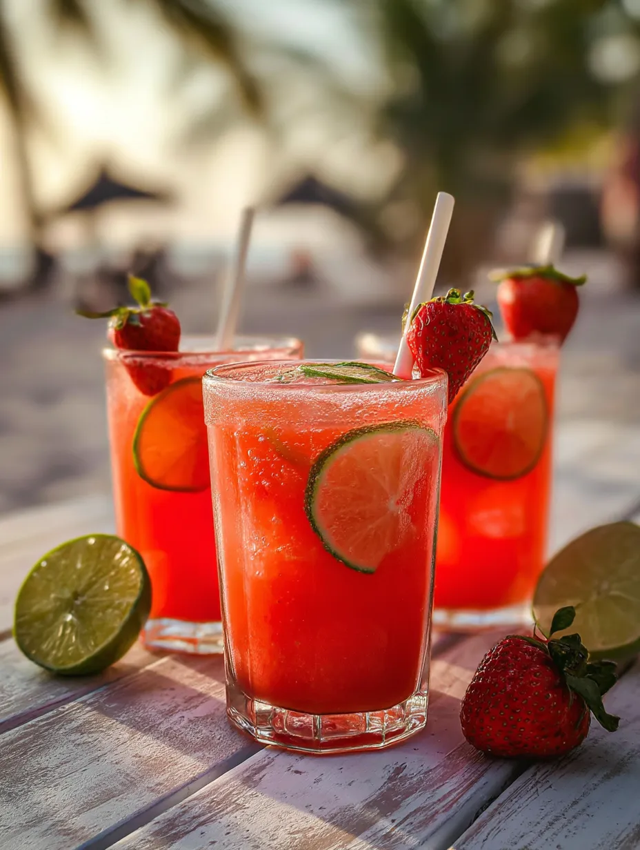 Three glasses filled with pink strawberry lime drink and fruit slices.