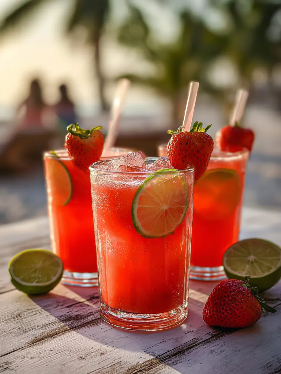 Three tall glasses holding strawberry and lime drinks.