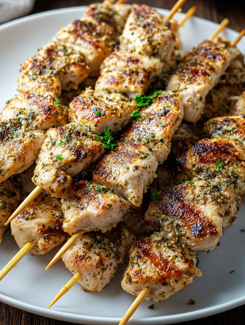 A plate of chicken skewers with herbs.
