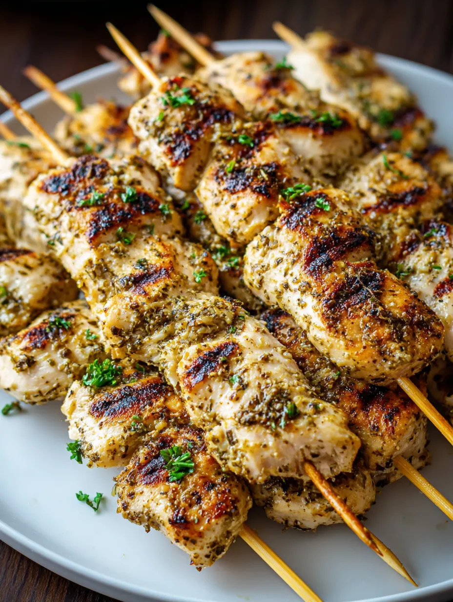 A plate of chicken skewers with green herbs.