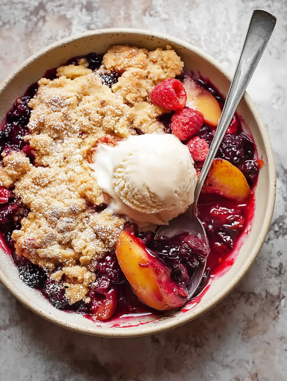A bowl of fruit with a scoop of ice cream.