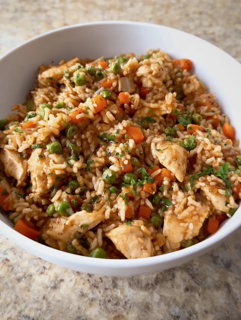 A bowl packed with rice and pieces of chicken.