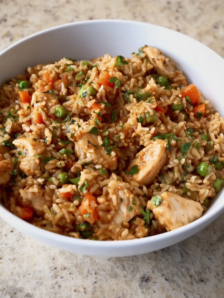 A rice bowl topped with chicken and peas.