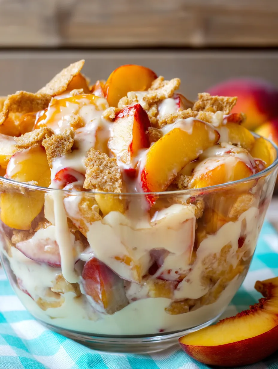 A bowl full of peaches and crunchy bits.