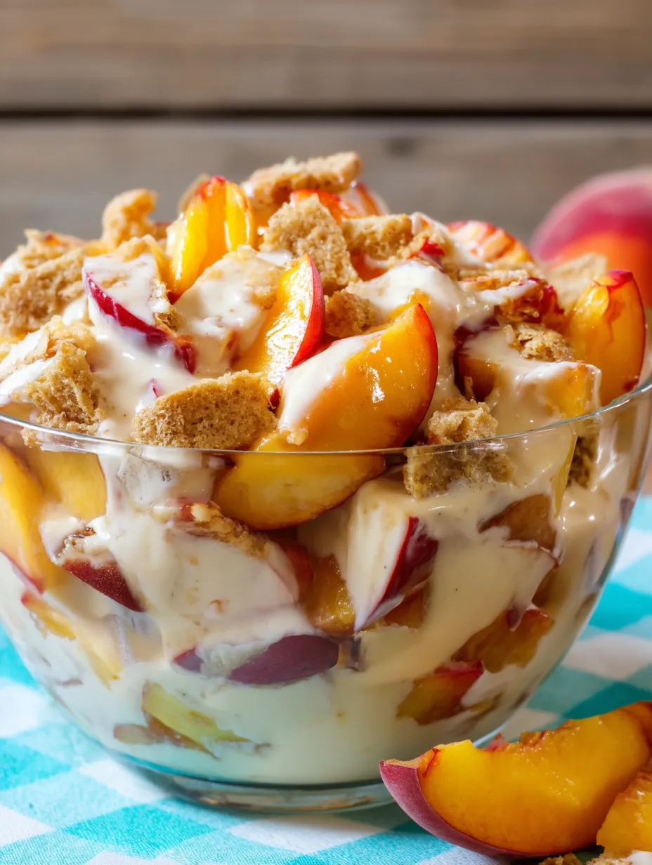 Cream and peaches in a bowl.