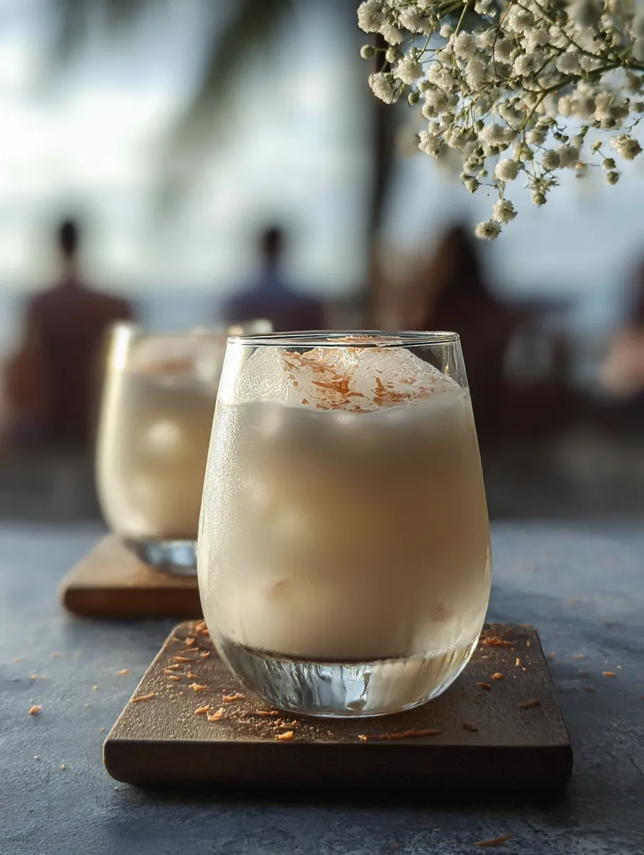 Two glasses with white drinks and a pop of orange on top.