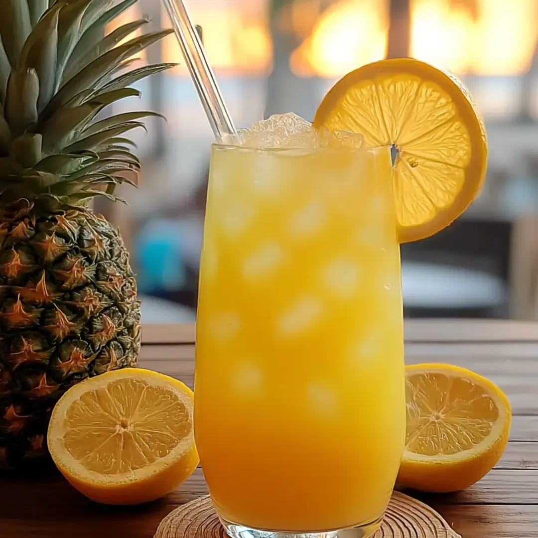Glass pineapple punch with lemon slices on a coaster.