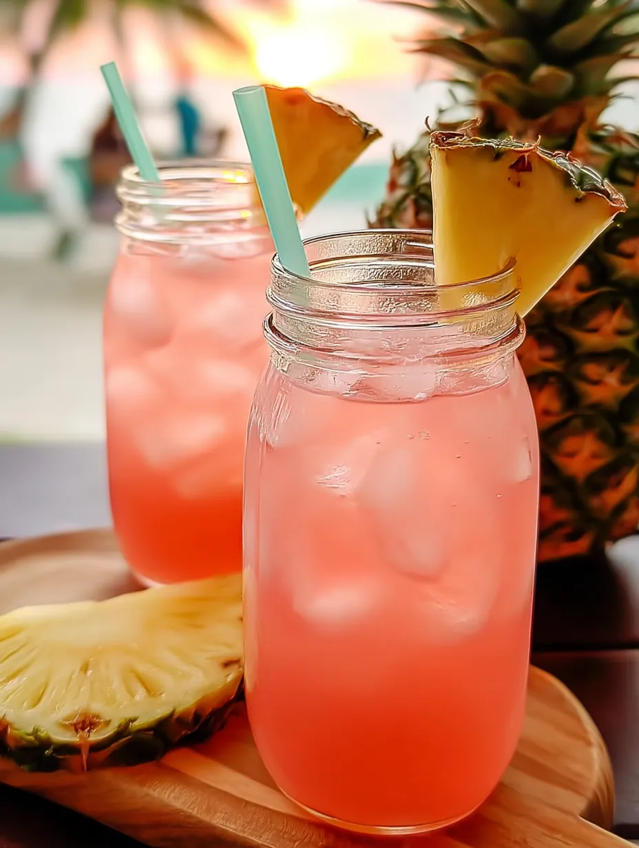 Two pink tipples topped with pineapple slices, ready for sipping.