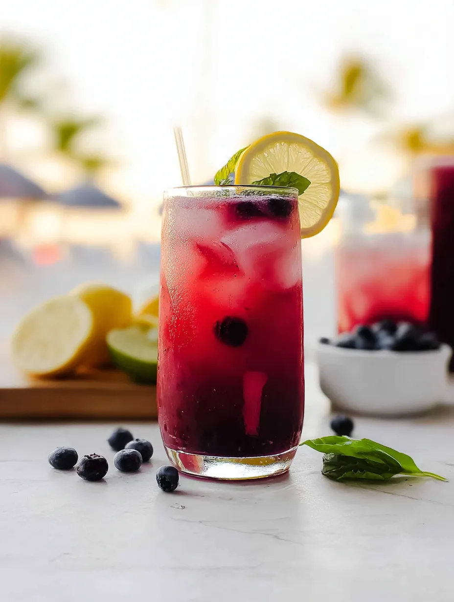 A glass of blueberry lemonade with a lemon wedge on the side.