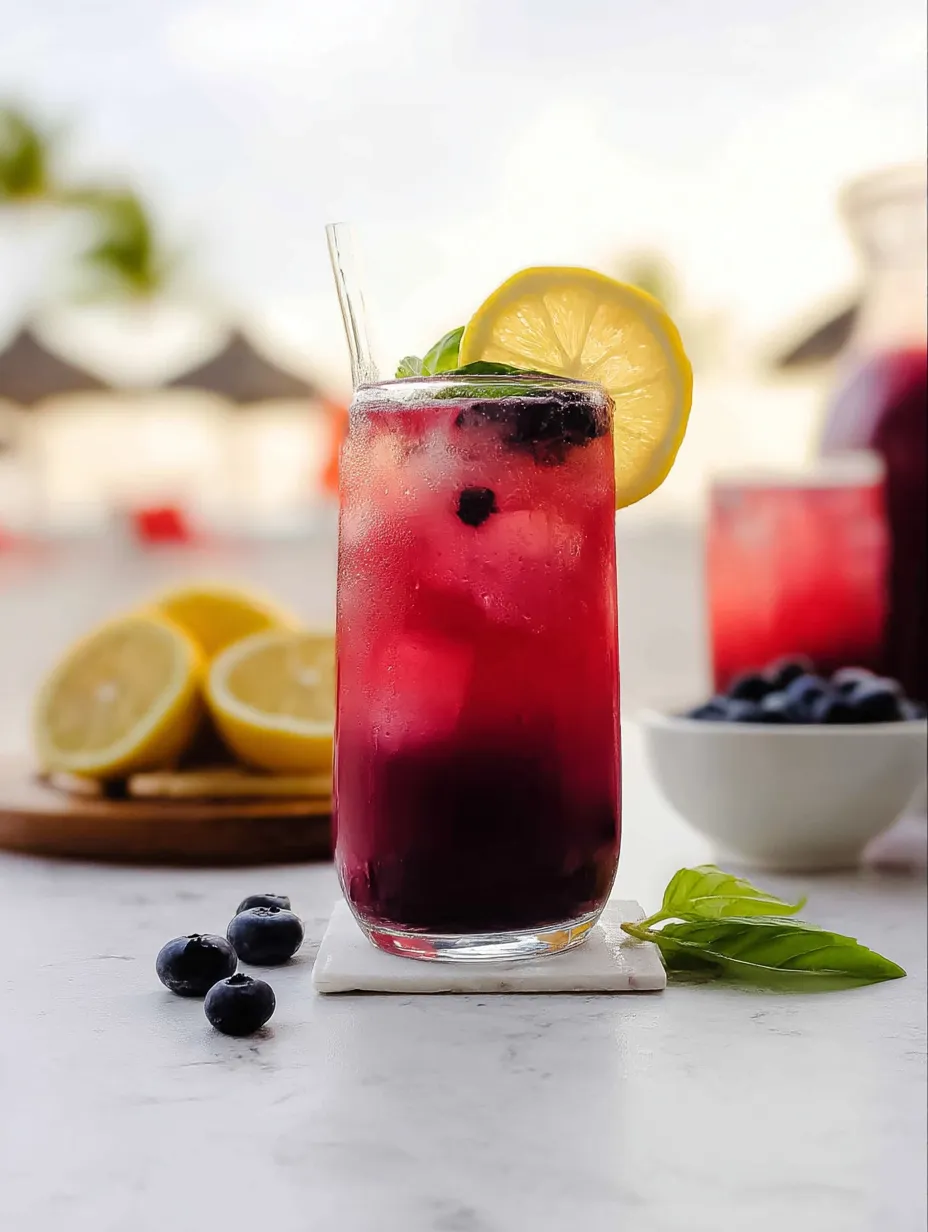 A glass of blueberry lemonade with a lemon wedge on the side.