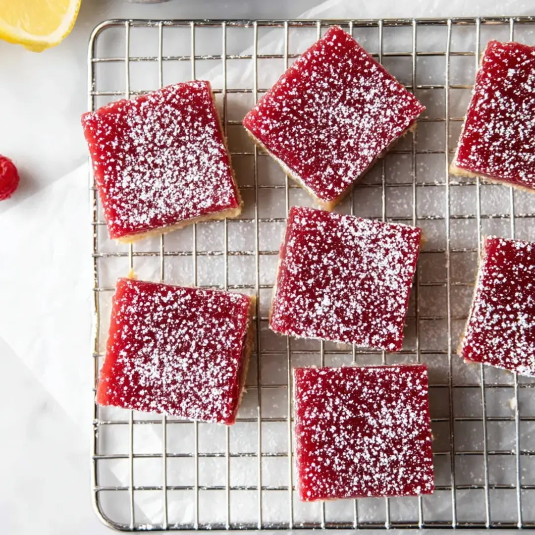 A pan of squared red bars dusted with powdered sugar.
