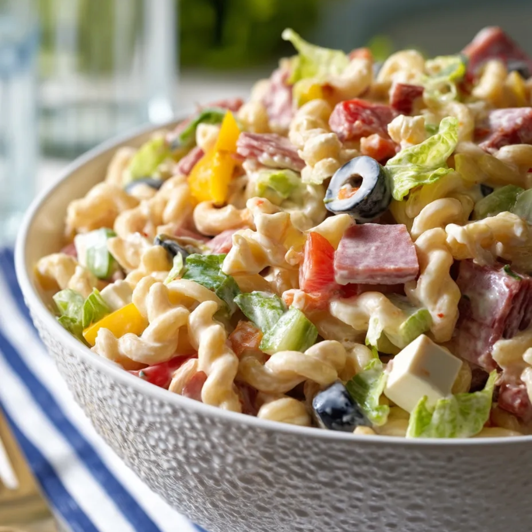 Pasta salad loaded with veggies and meats in a big bowl.