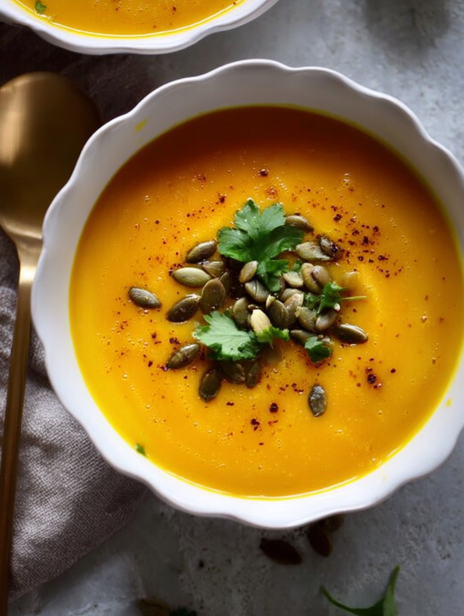 A bowl of soup with a spoon in it.