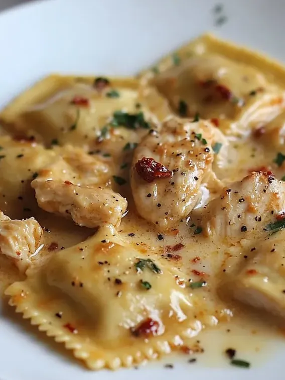 A plate of pasta with chicken and sauce.