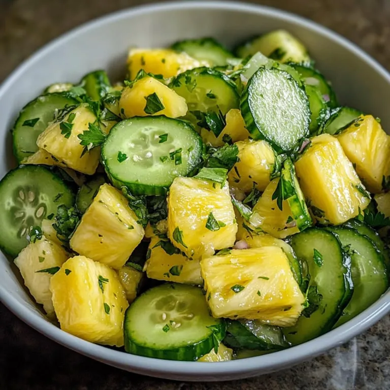 A dish with chunky pineapple and sliced cucumber inside.