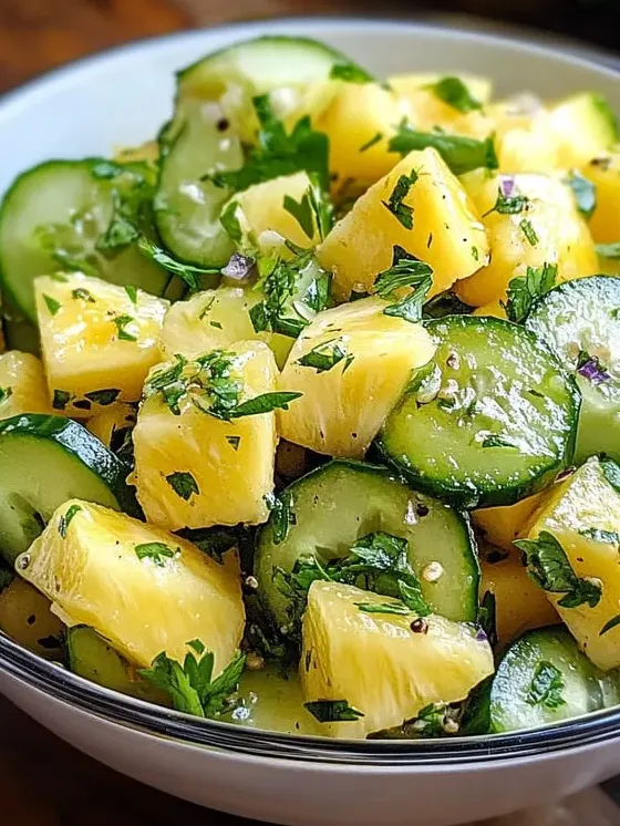 A bowl stuffed with pineapple chunks and cool cucumber slices.
