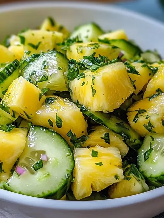 Chunks of pineapple and cucumber in a big bowl, ready to share.