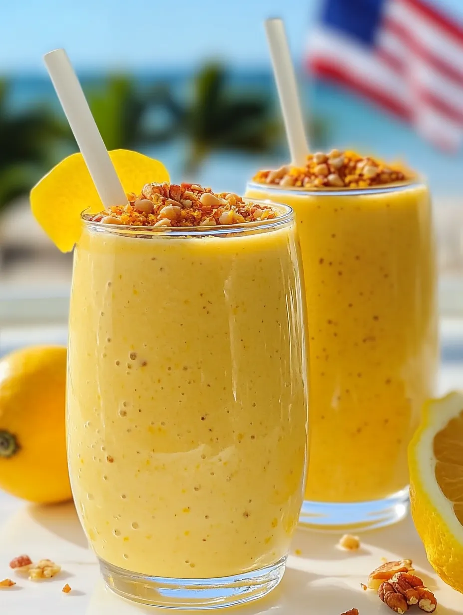 Two glasses filled with bright orange juice topped with lemon rounds.