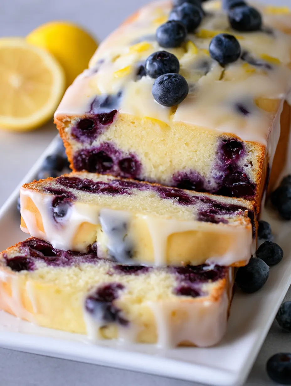 A slice of cake with blueberries and lemon.