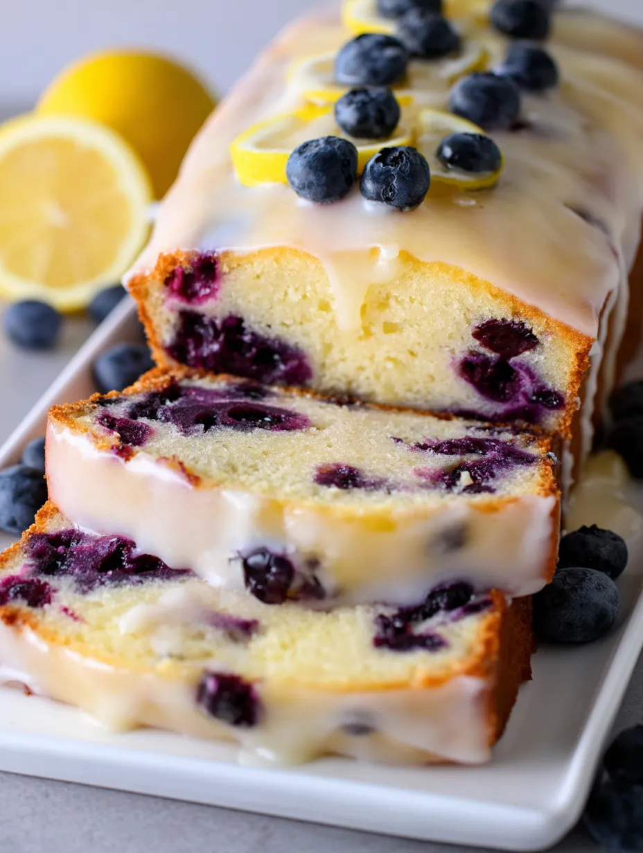 A slice of cake with blueberries and lemon.