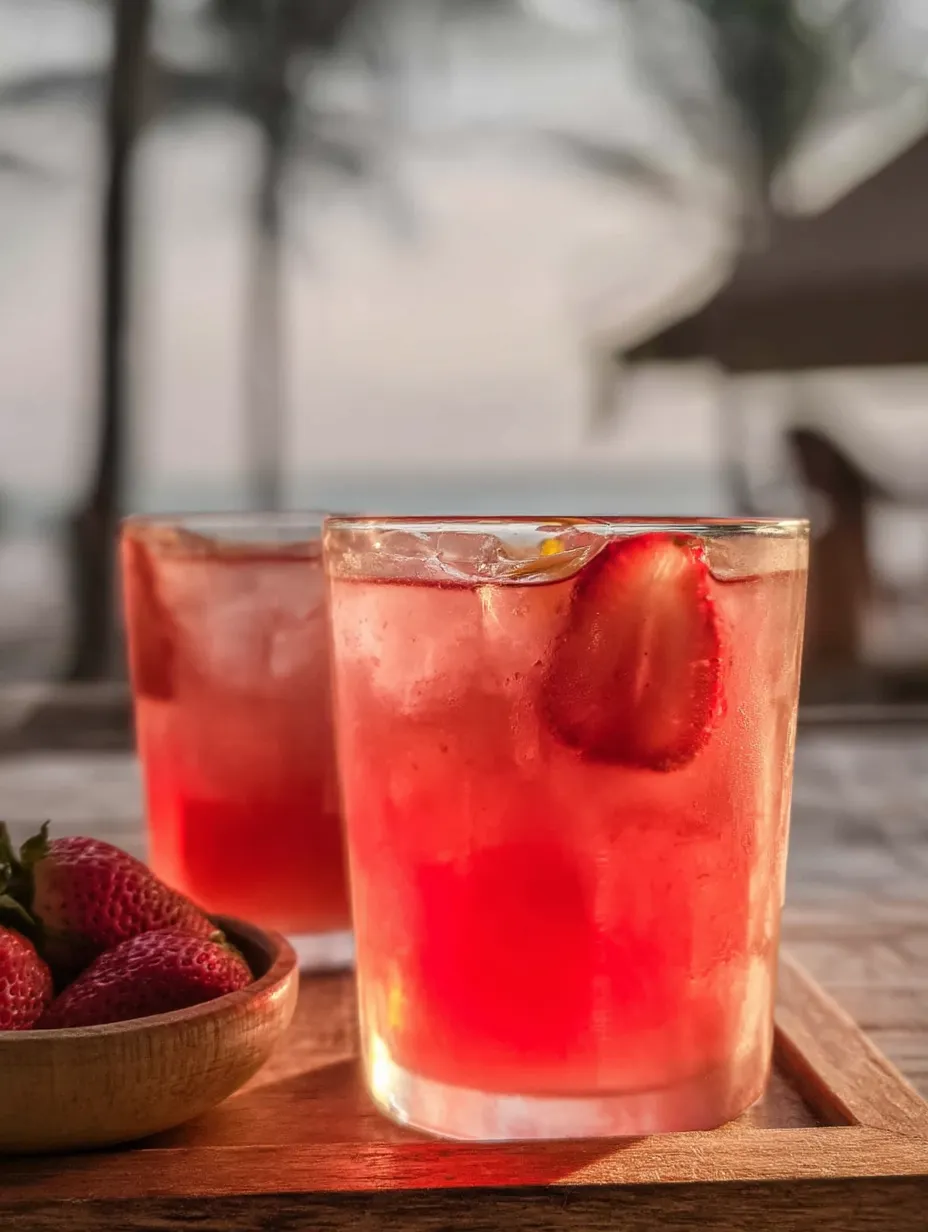 Two glasses of pink drink with strawberries.
