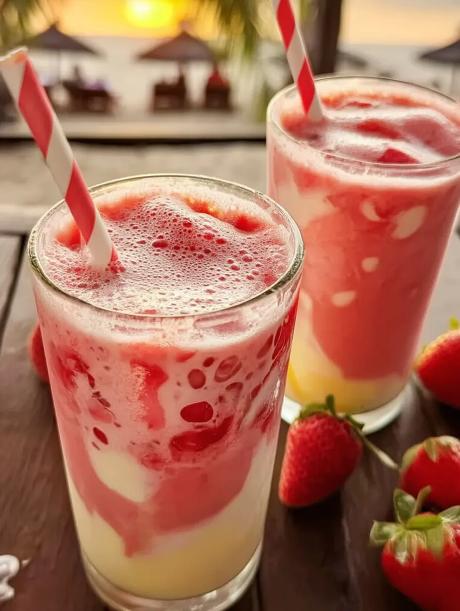 Two cups of pink strawberry milkshake.