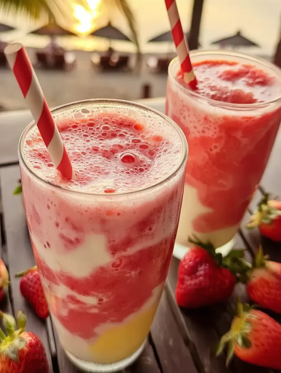 Two cups of pink strawberry milkshake.
