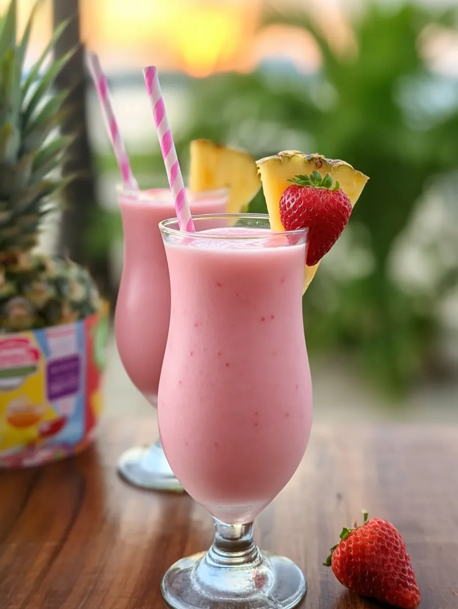 Two creamy pink drinks with fruity toppers sit side by side.