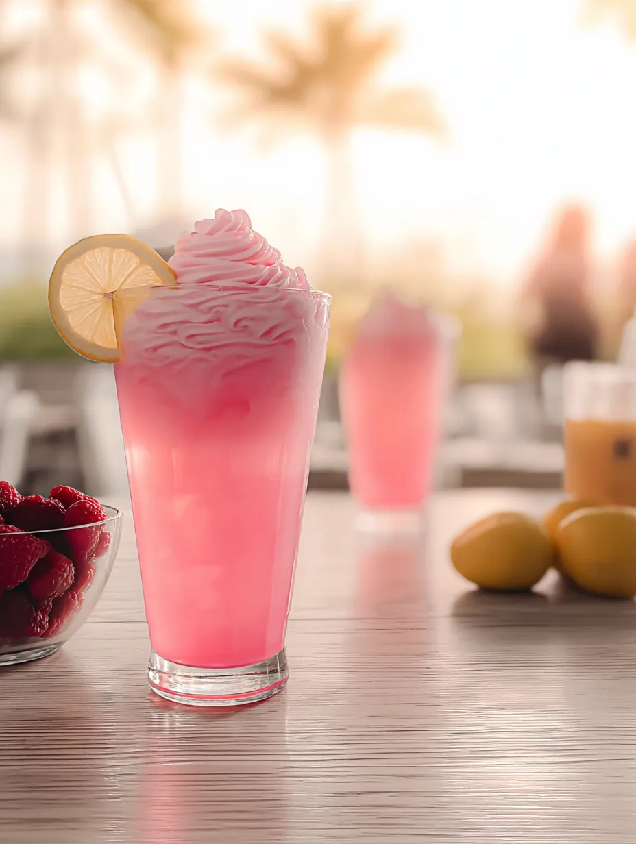 A glass of pink drink with a lemon wedge in it.