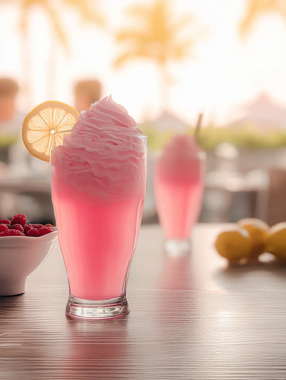 A glass of pink drink with a lemon wedge.