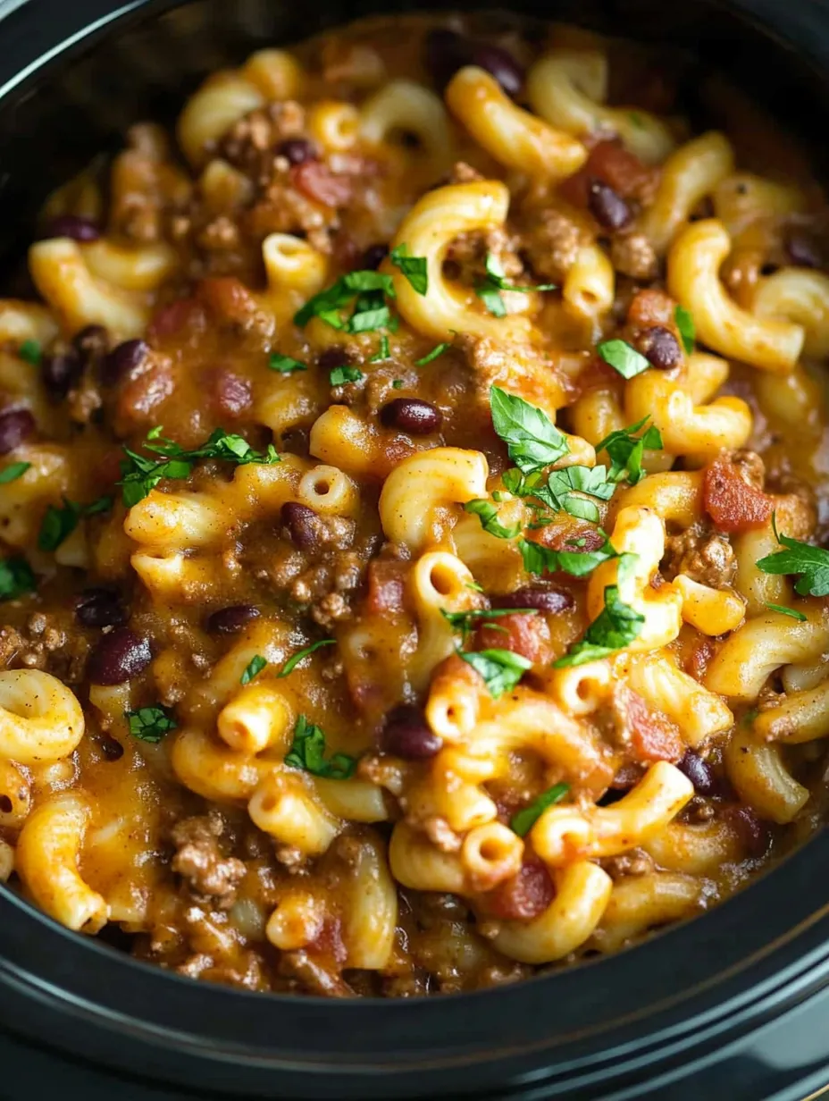 A bowl of pasta with meat and beans.