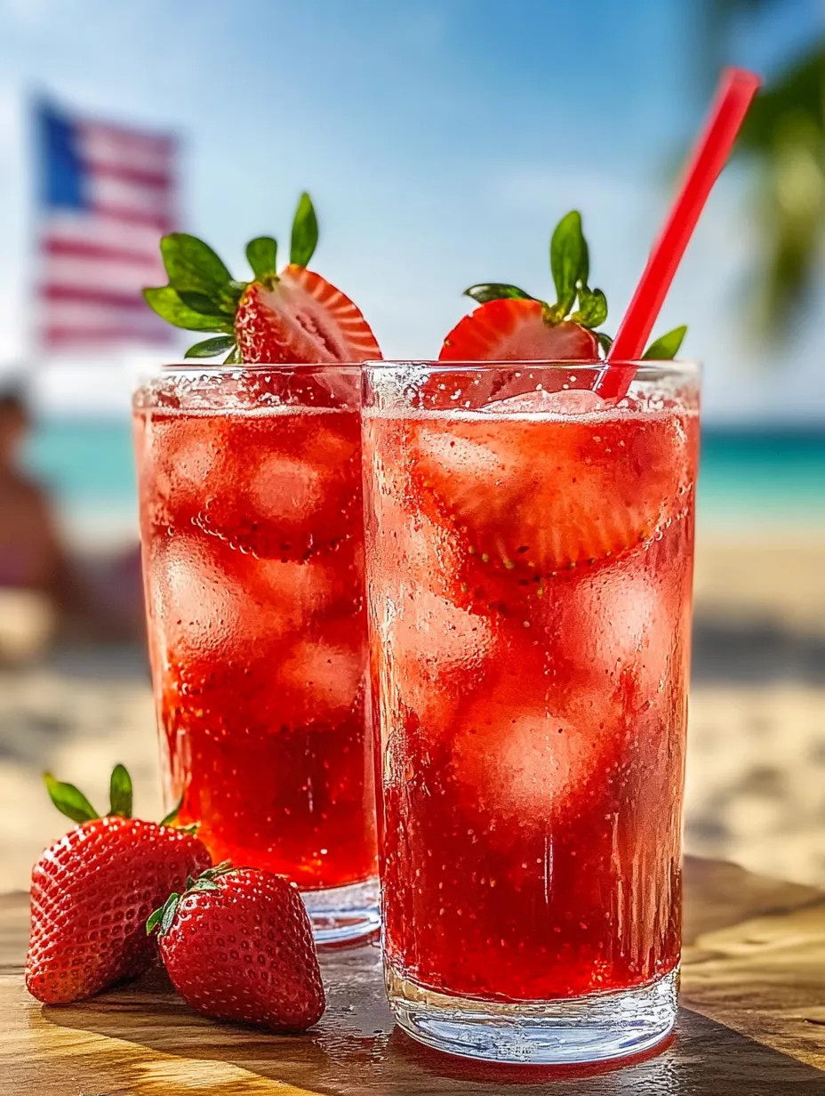 Two glasses of red drink with strawberries.
