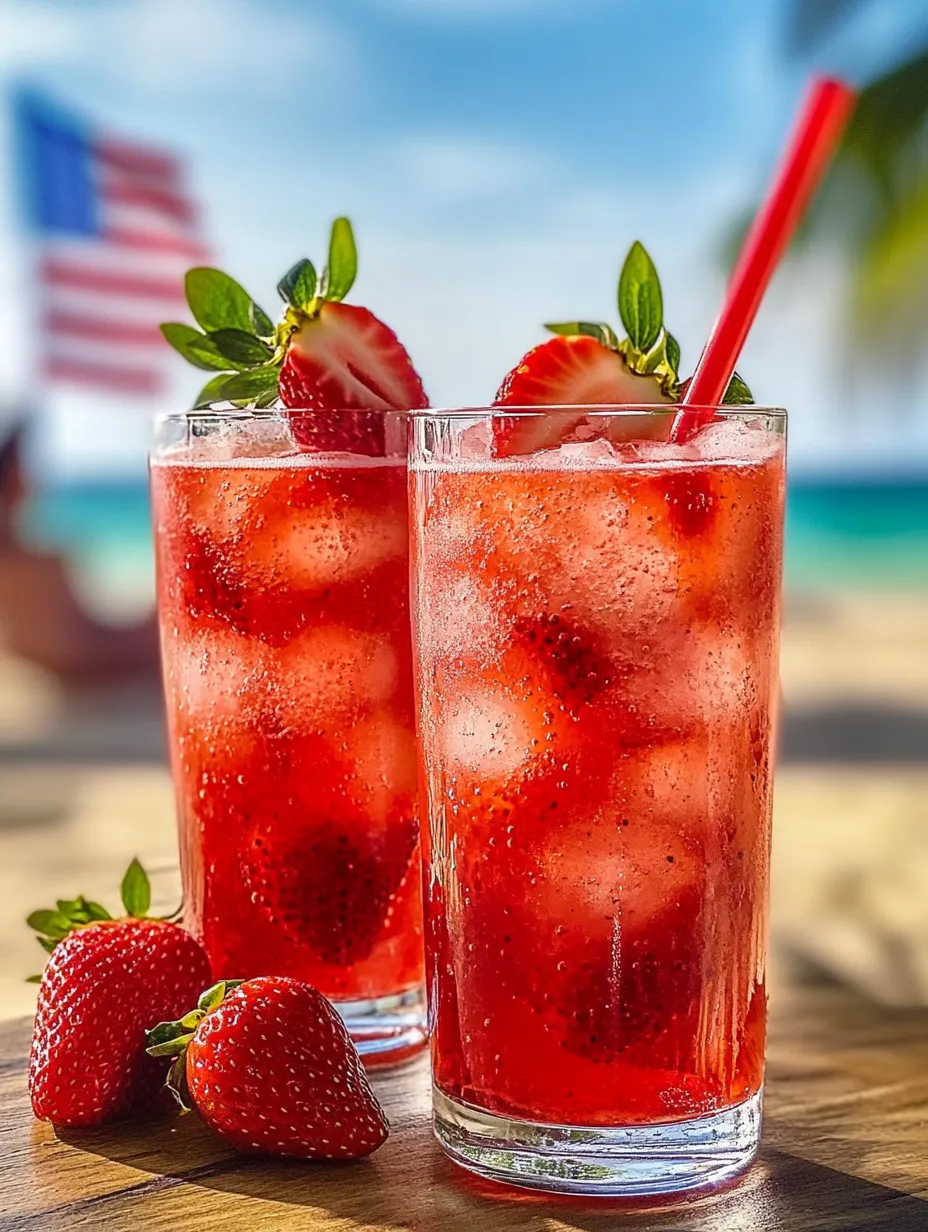 Two glasses of red drink with strawberries in them.