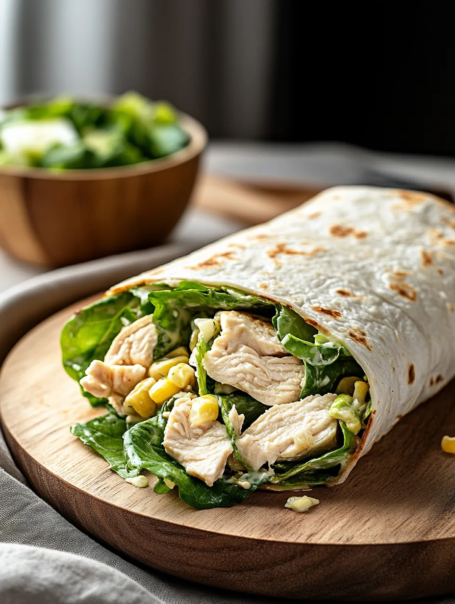 A chicken wrap with lettuce and corn.
