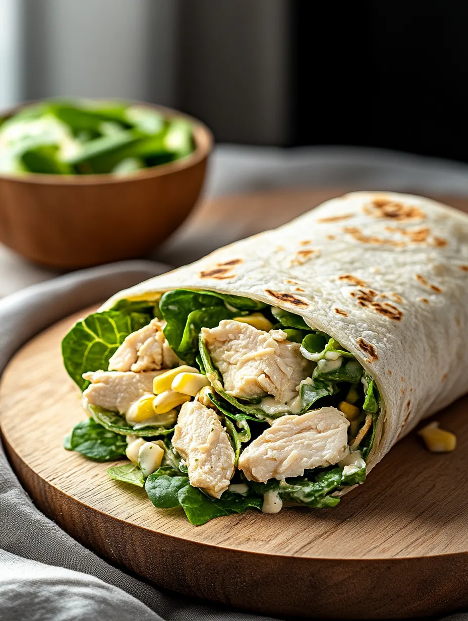 A chicken wrap with lettuce and corn.
