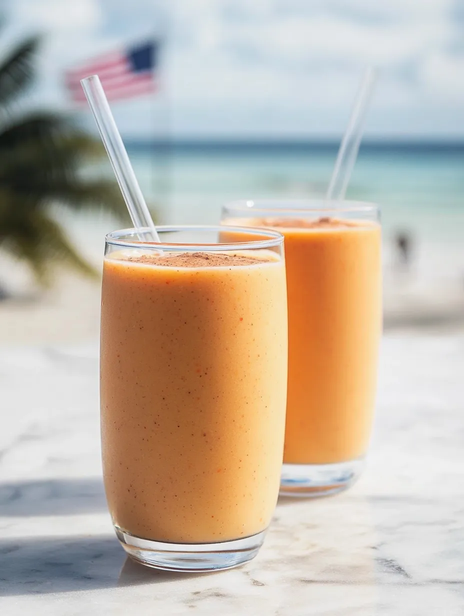 Tabletop holding two glasses with a bright orange smoothie inside.