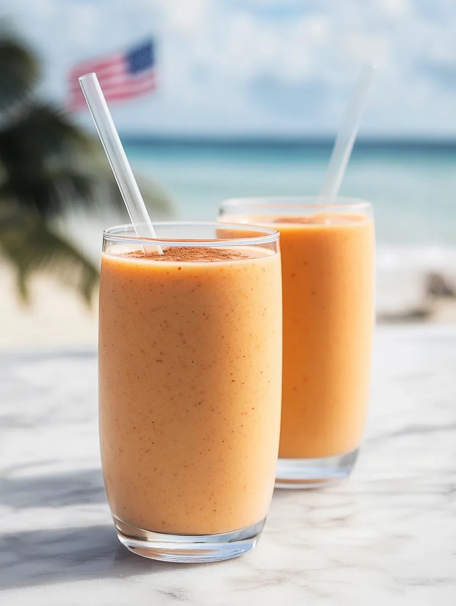 Two glasses filled with a vivid orange smoothie.