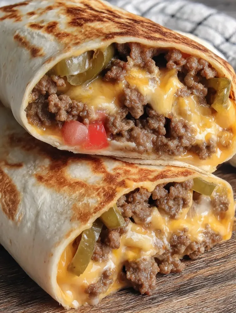 A burrito packed with cheese and beef.