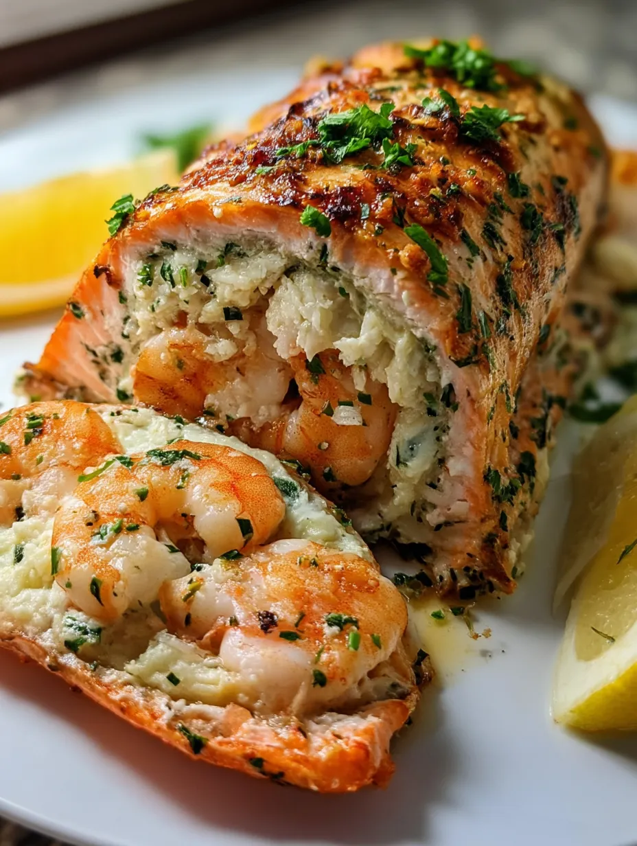 A fillet of salmon with a lemon wedge on the side.