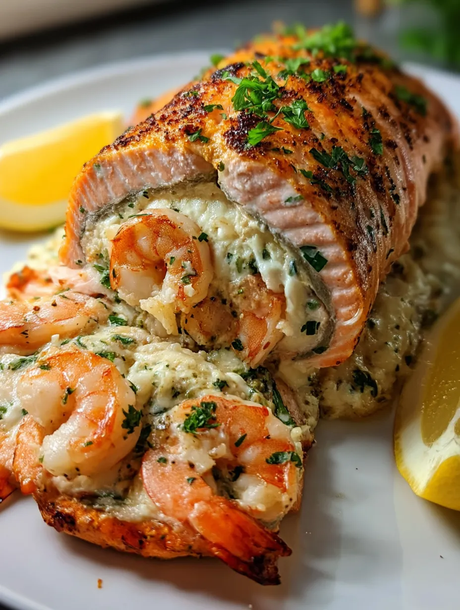A shrimp-topped plate with lemon.