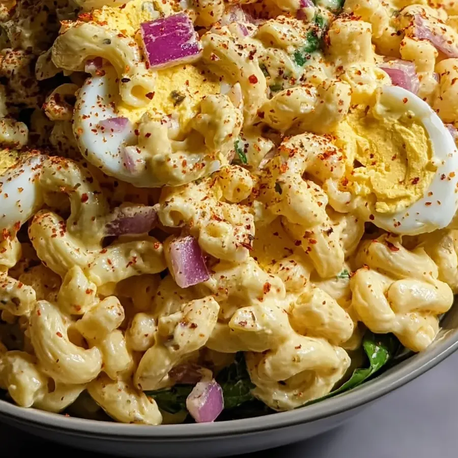 A bowl of macaroni salad with big egg pieces mixed in.