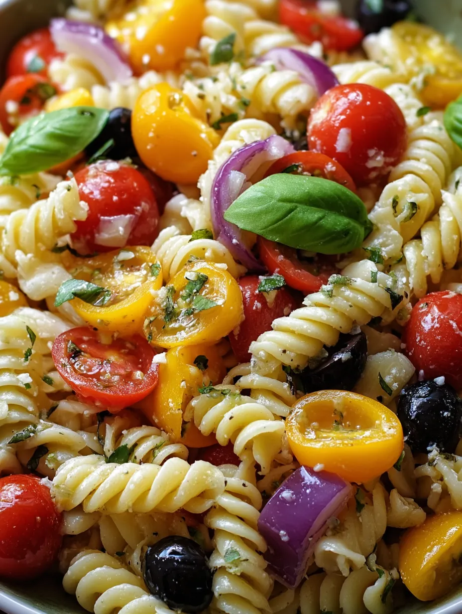 A colorful pasta bowl topped with tomatoes, herbs, and onions.