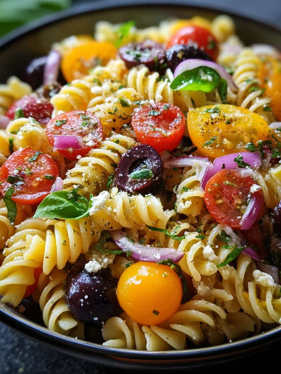A bright pasta bowl filled with tomatoes, olives, cheese, and onions.