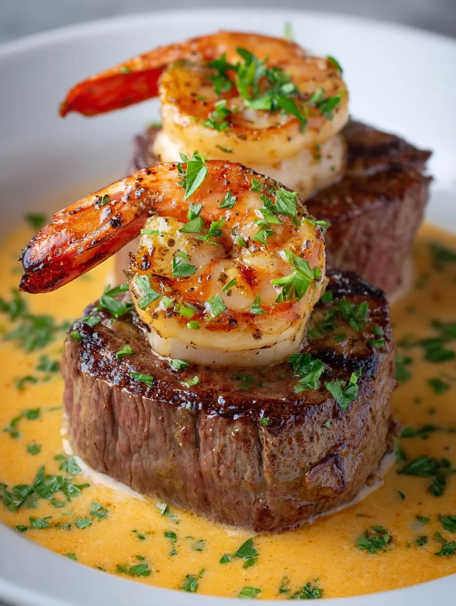 Steak topped with shrimp.