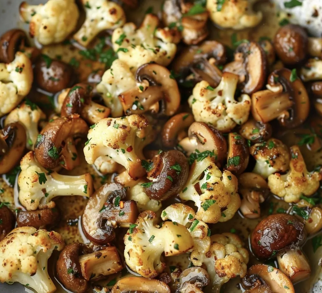 Mushrooms and cauliflower up close.